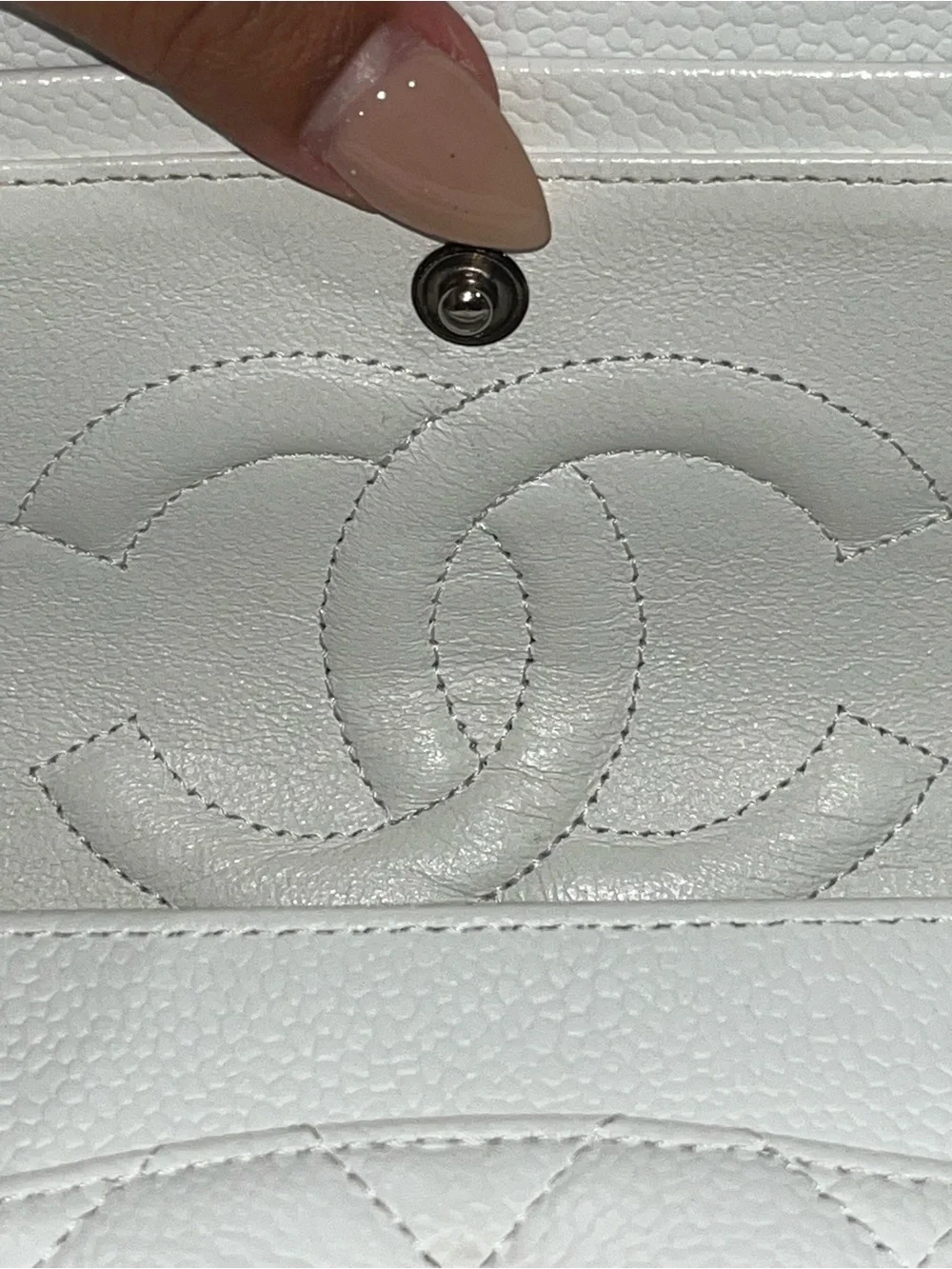 Authentic White CHANEL Caviar Small Classic Double-Flap with Silver Hardware